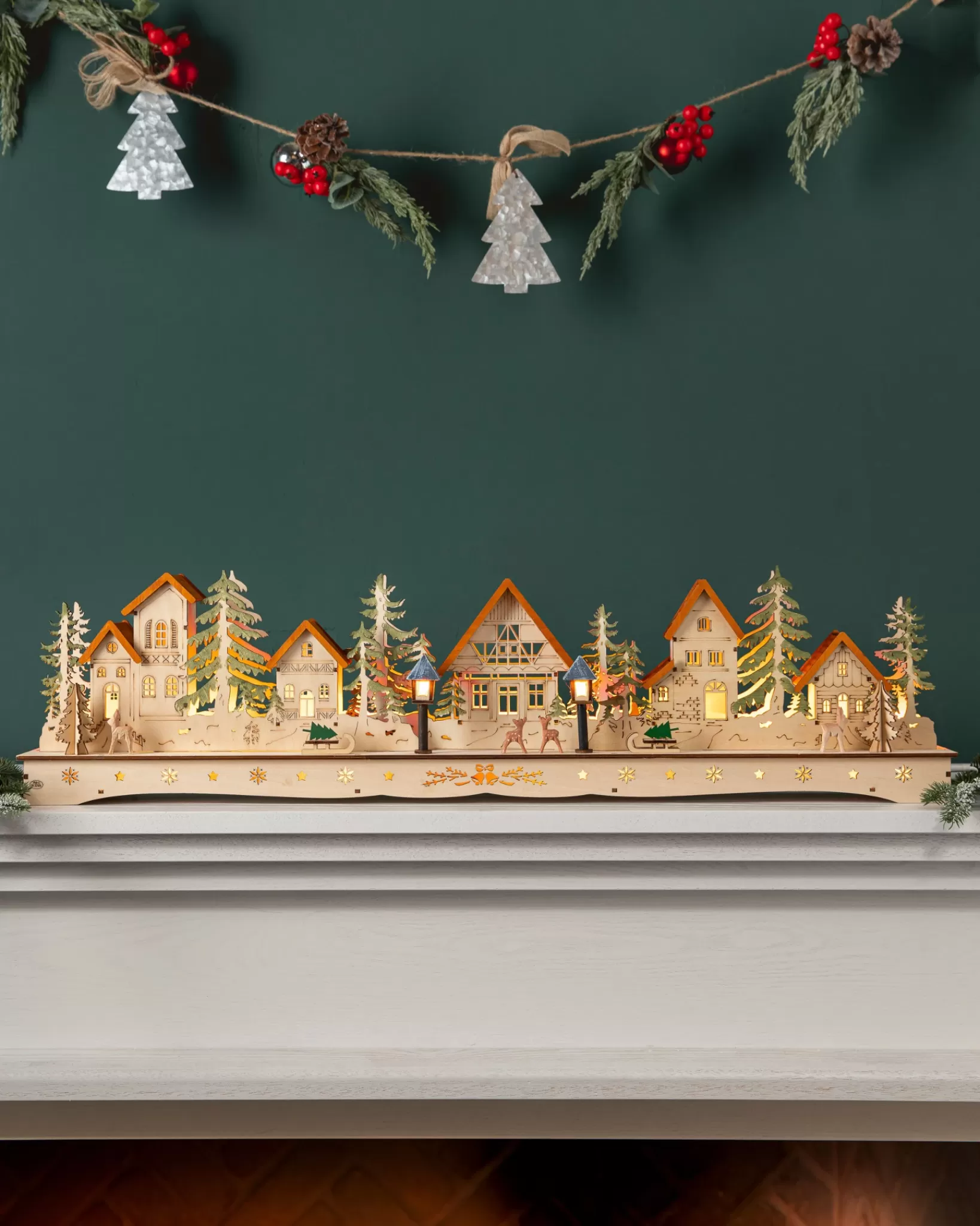 Best Sale Lit Wooden Christmas Mantel Villages Decorative Accents